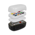 Watercolor Caddy paint set with open lid showing paints and brushes on a white background