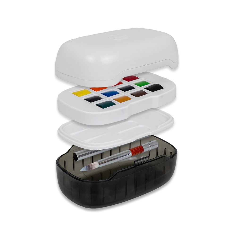 Watercolor Caddy paint set with open lid showing paints and brushes on a white background